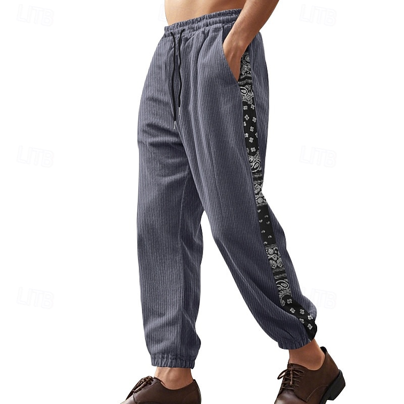 Men's Sweatpants Joggers Corduroy Pants Trousers Casual Pants Drawstring Pocket Elastic Waist Paisley Moisture Wicking Breathable Full Length Outdoor Daily Running Fashion Classic Style Black Navy4