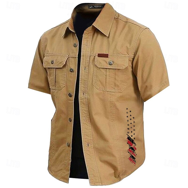 Men's American US Flag Work Shirt Western Shirt Cargo Shirt Short Sleeve Casual Tactical Sports Outdoor WorkWear Summer Spring Turndown Front Two Pockets Cotton Button Up Shirts Army Green Khaki Dark4