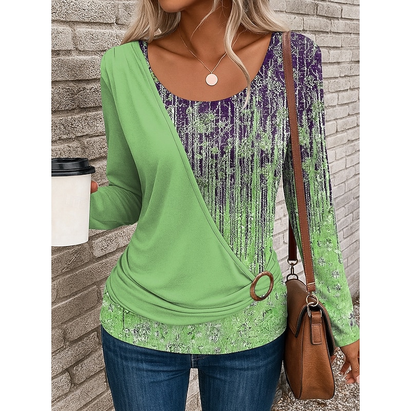 Women's T Shirt Ombre Geometric Vintage Casual Long Sleeve Crew Neck Regular Tops Daily Patchwork Print Pink Blue Purple Green Khaki Summer Fall Winter4