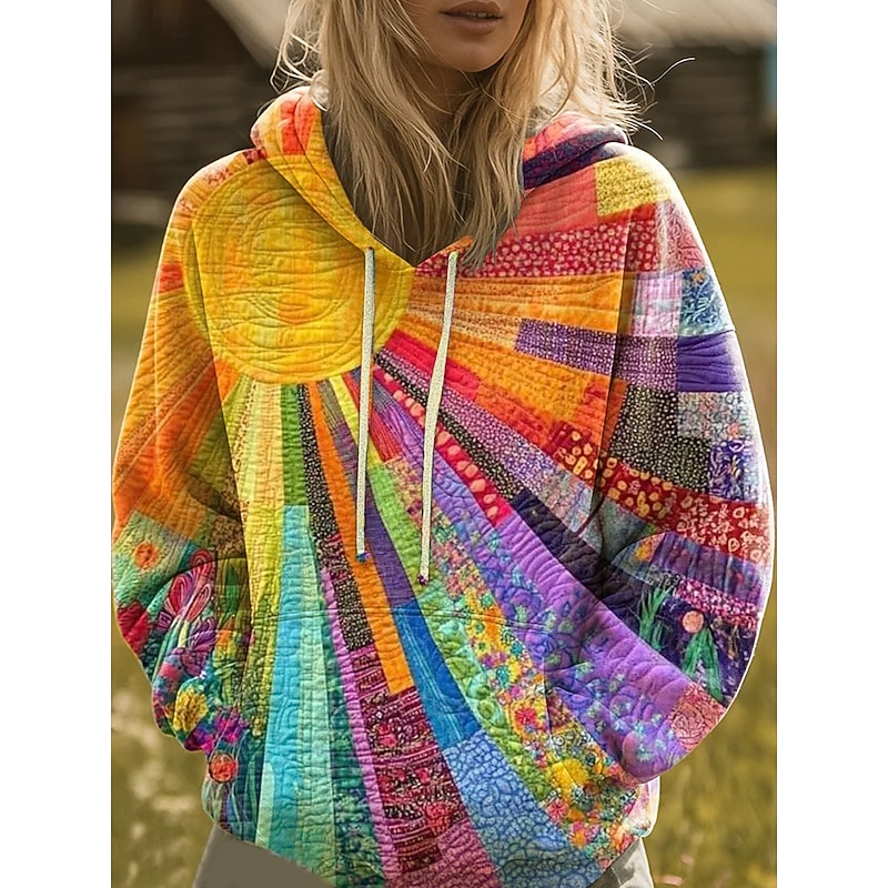 Women's Pullover Hoodie Sweatshirt Graphic Rainbow Casual Boho Long Sleeve Hooded Regular Tops Street Dailywear Print Front Pocket Yellow Pink Blue Orange Fall Winter