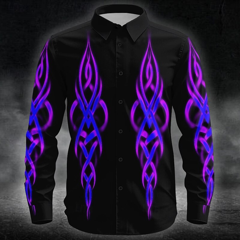 Halloween Men's Tribal Neon Glow Halloween Costumes Shirt Button Up Shirt Long Sleeve Dark Punk Gothic Style Outdoor Holiday Summer Spring Turndown 3D Print Collared Shirts Blue Purple Green3