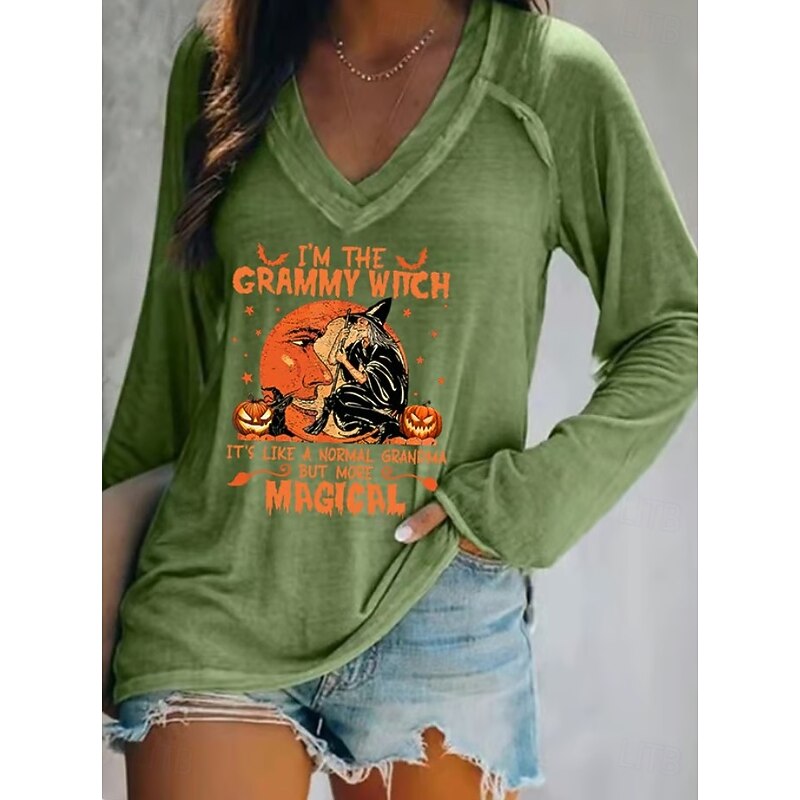Halloween Women's T shirt Witch Long Sleeve V Neck Long Sleeve Graphic Casual Letter Vintage Stylish Western Tops Daily Weekend Vacation Wear Print Black White Blue Orange Spring Fall Prefall2