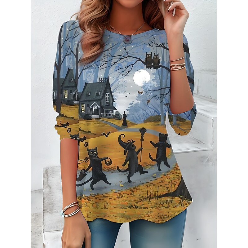 Halloween Women's T shirt Witch Crew Neck Long Sleeve Tunic Graphic Skull Cat Vintage Stylish Round Neck Regular Tops Daily Print Yellow Blue Orange Green Fall Winter2