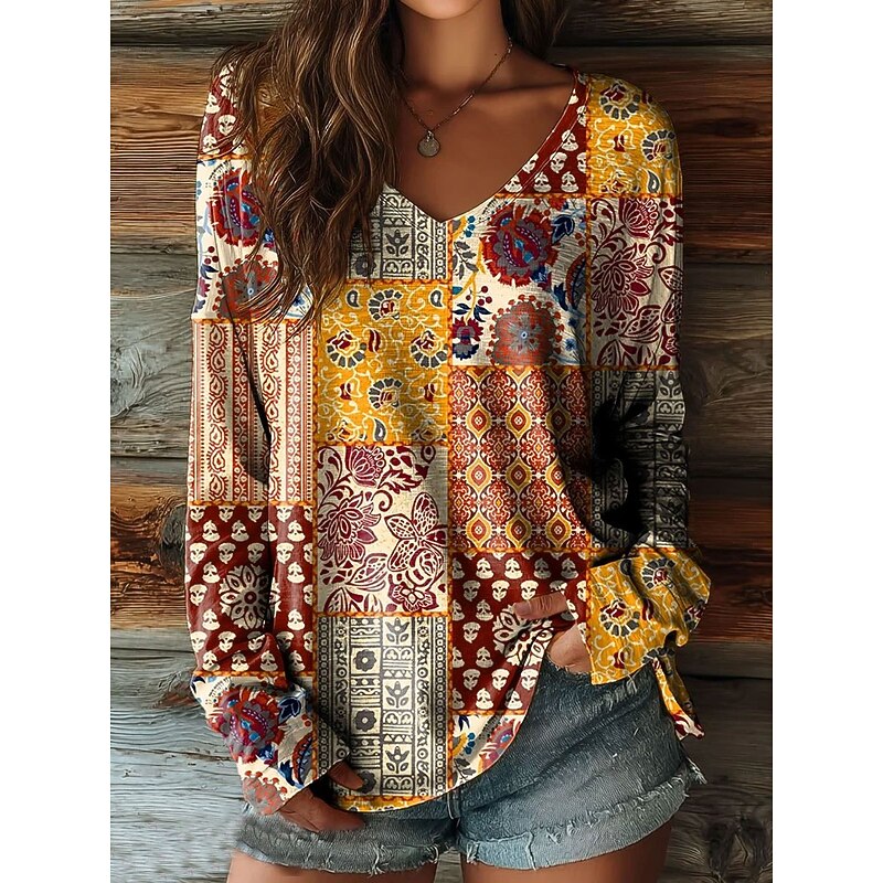 Women's T shirt Long Sleeve Graphic Letter Vintage Stylish Classic Long Sleeve V Neck Regular Tops Daily Weekend Print Yellow Pink Brown Green Spring Fall Prefall4