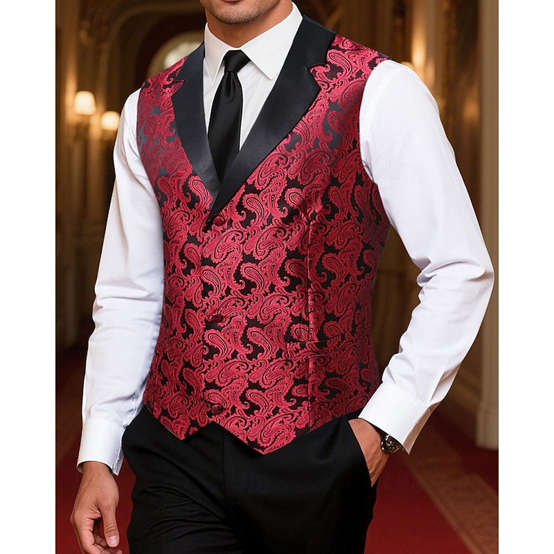 Men's Vest Waistcoat Gilet Vacation Party Business Fashion Casual Spring Fall Pocket Buttons Polyester Comfortable Paisley Single Breasted One-button Peaked Lapel Regular Fit Red Vest