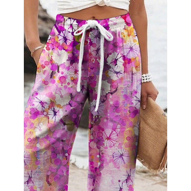 Women's Wide Leg Pants Trousers Vacation Casual Long High Waist Floral Elastic Waist Printing High Cut Breathability Soft Micro-elastic Vacation Street Daily Wear Pink Spring Fall Regular Fit2