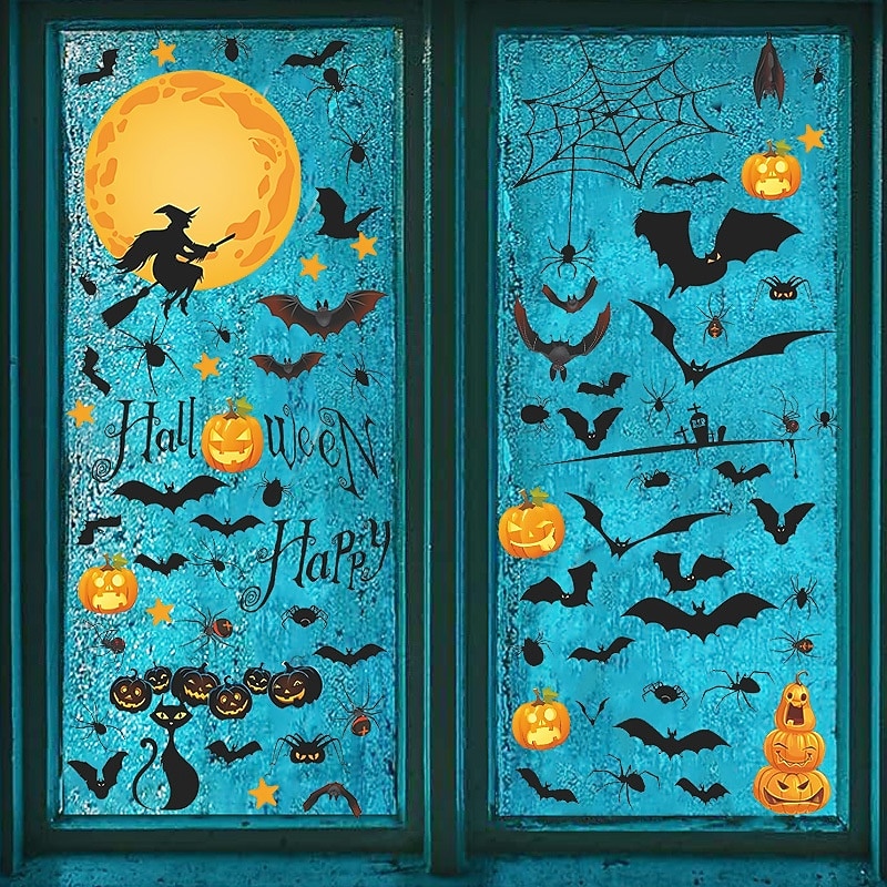 9 Sheet Halloween Window Clings, Static Stickers with Bats, Pumpkins, Black Cats, Witches, Removable Glass Decals for Bathroom, Home, Office, Party Window Decorations