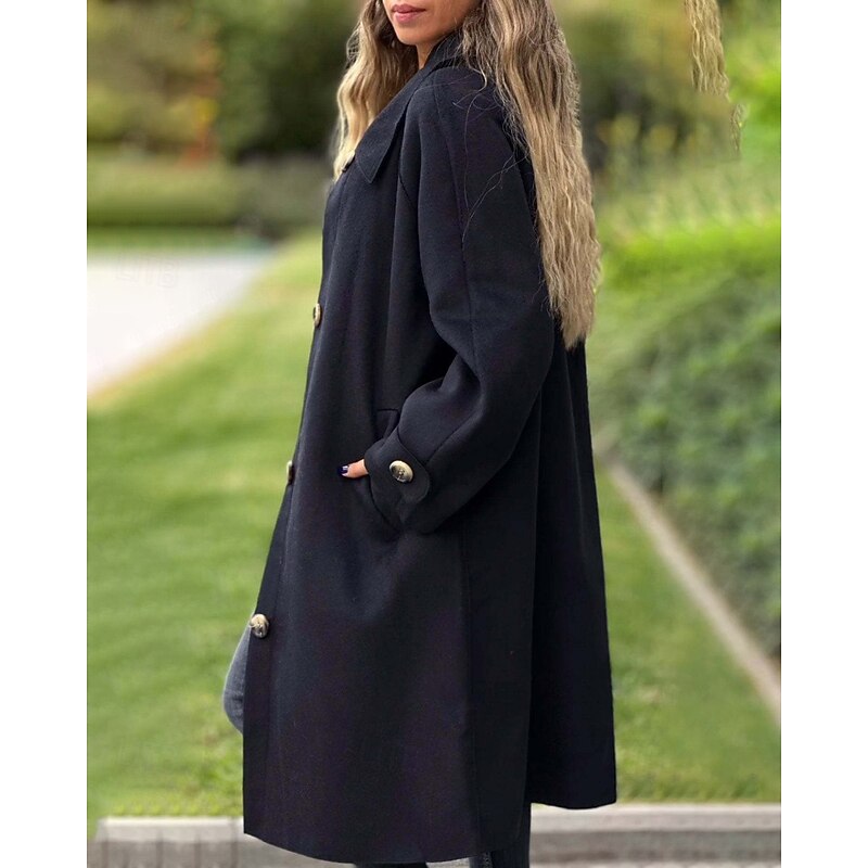 Women's Coat Warm Comfortable Pocket Buttons Fashion Plain Outdoor Vacation Single Breasted Long Turndown Regular Fit Long Sleeve Outerwear Black Yellow Pink Fall Winter3