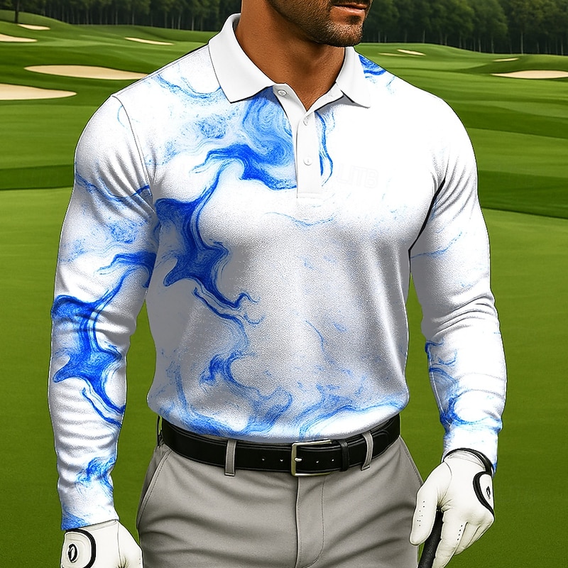 Men's Smoke Geometic Polo Long Sleeve Polo Shirts Lapel Casual Athleisure 3D Print Buttons Spring Fall Winter Black White2