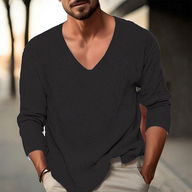 Men's Pullover Sweater Jumper Knit Sweater Ribbed Knit Regular Tops Knitted Plain V Neck Fashion Basic Vacation Daily Wear Clothing Apparel Fall Winter Black Pink M L XL4
