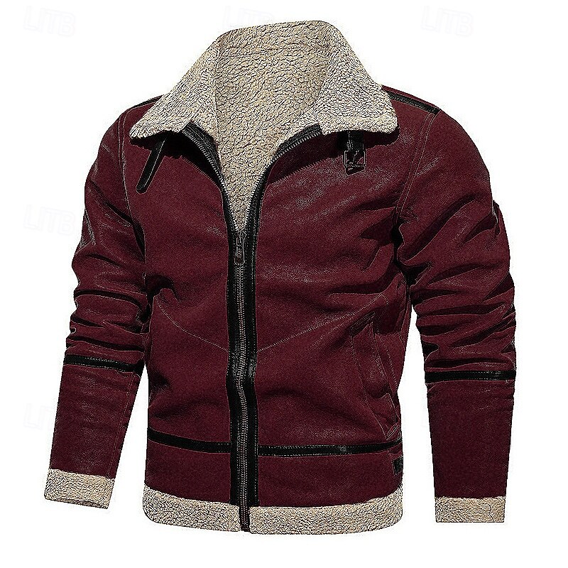 Men's Winter Jacket Fleece Jacket Sherpa Jacket Vacation Daily Thermal Warm Pocket Fleece Fall Winter Plain Fashion Streetwear Lapel Regular Wine Blue Green Khaki Coffee Jacket4