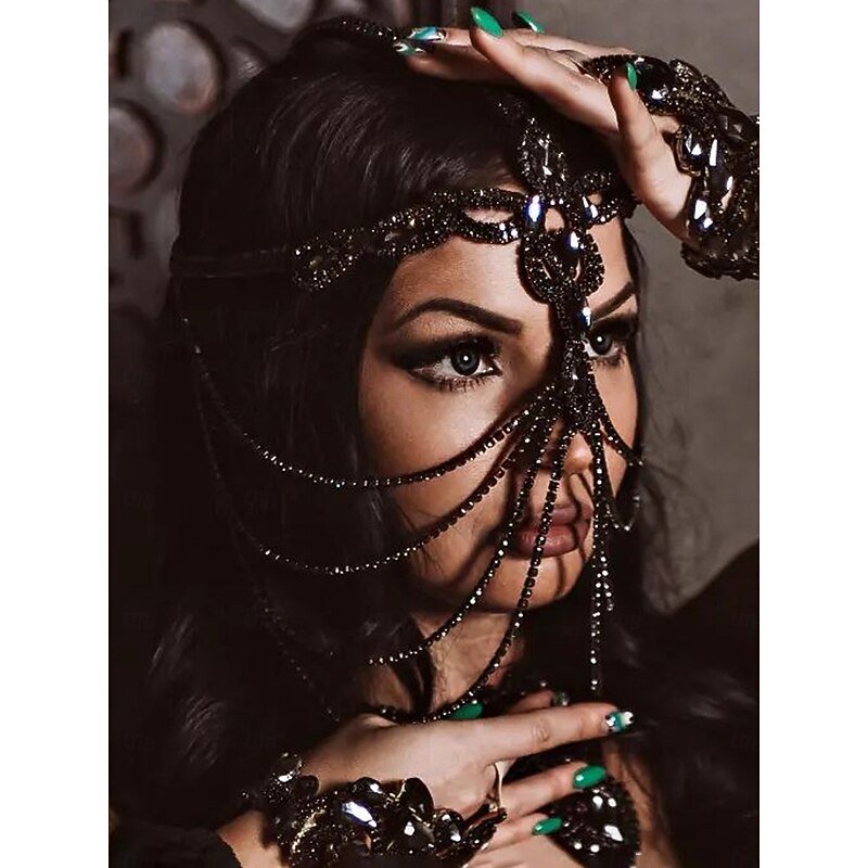 Women's Gothic Crystal Face Chain Headpiece - Black Rhinestone Mask Jewelry for Ladies, Mysterious Costume Accessory for Halloween Party, Masquerade and Nightclub Outfits