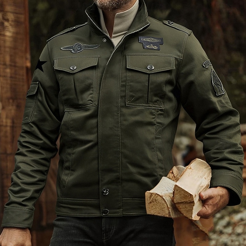 Men's Graphic Star Cargo Jacket Windbreaker Military Jacket Practical Casual Outdoor Camping & Hiking Embroidered Side Pockets Zip Front Fall Winter Stand Collar Long Sleeve Army Green