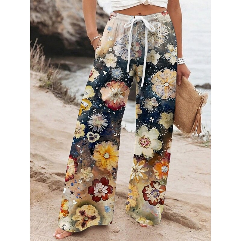 Women's Wide Leg Pants Trousers Vacation Casual Long High Waist Floral Elastic Waist Printing High Cut Breathability Soft Micro-elastic Vacation Street Daily Wear Dark Navy Spring Fall Regular Fit