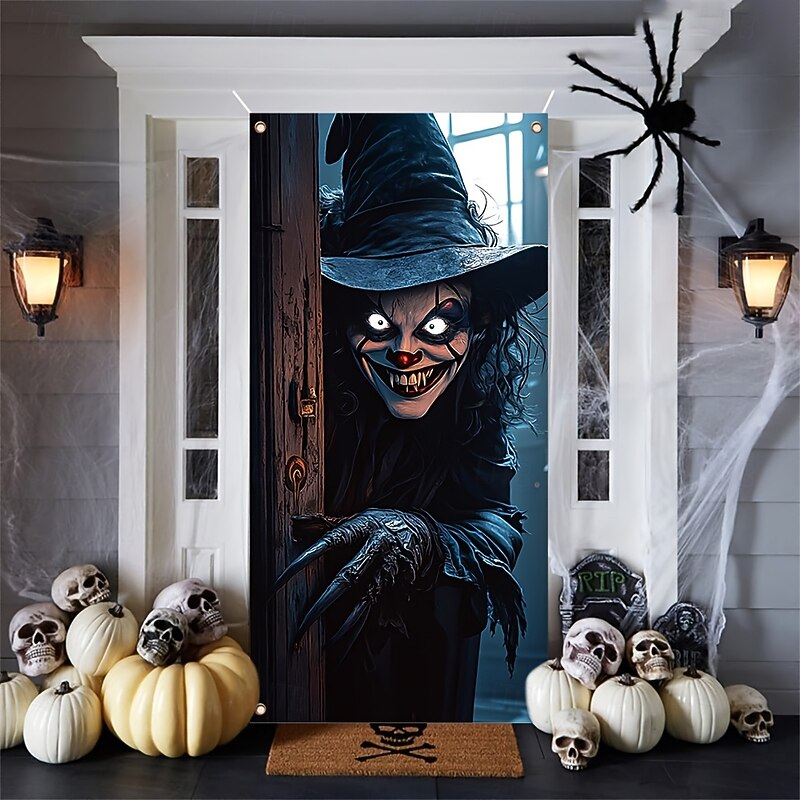 Scary Clown Witch Halloween Door Cover for Indoor Outdoor – Creepy Evil Face Peeking Curtain for Front Porch or Room Decoration