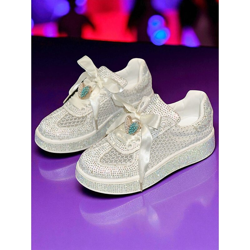 Women's White Rhinestone Sneakers with Satin Ribbon Laces and Heart Charm - Glamorous Casual Shoes for Nightlife, Clubbing and Party Outfits3