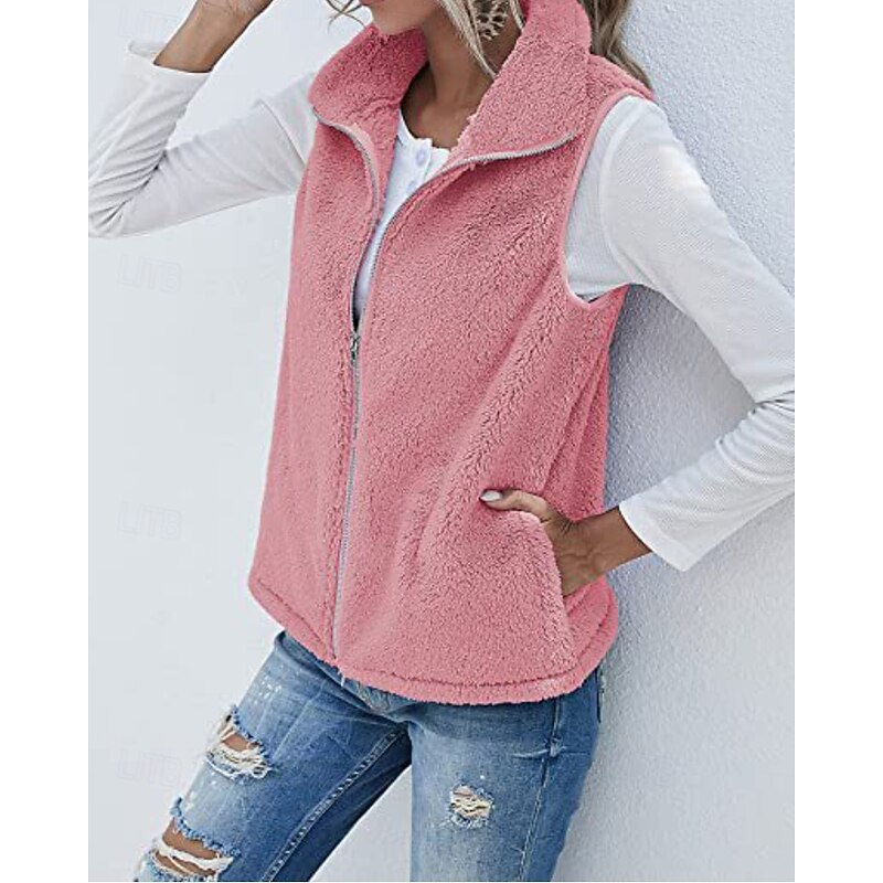 Women's Vest Warm Comfortable Zipper Pocket Casual Plain Casual Daily Weekend Zipper Regular Turndown Regular Fit Sleeveless Outerwear Black Pink Wine Fall Winter2