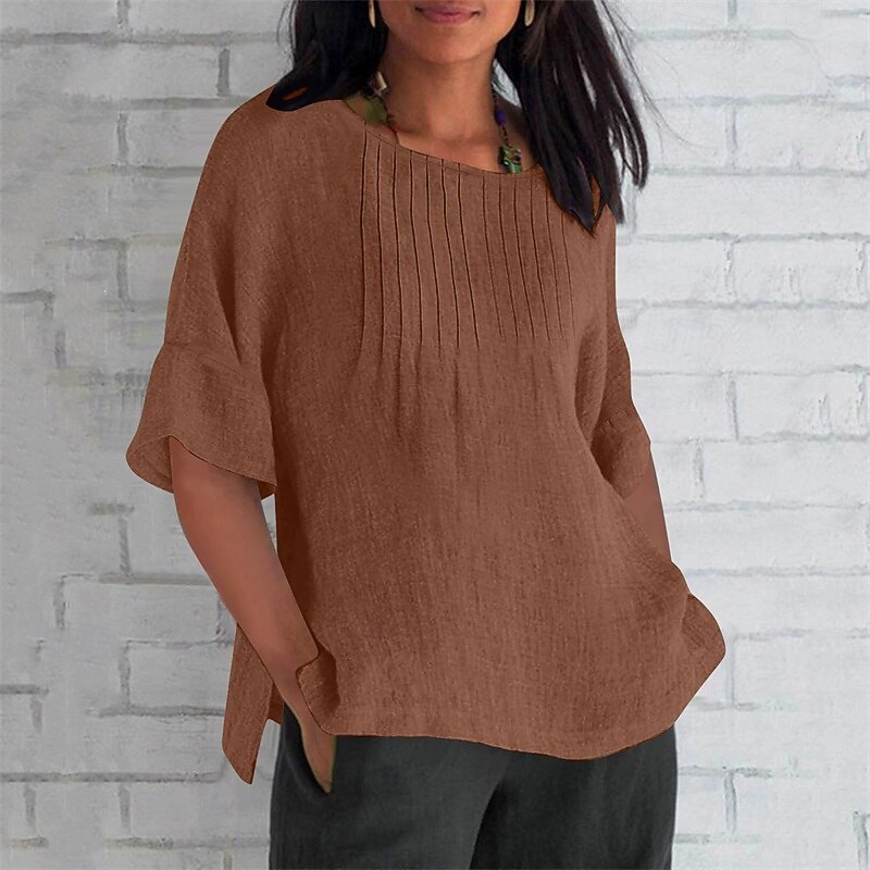 Women's Texture Blouse T Shirt Plain Casual 3/4 Length Sleeve Round Neck Regular Tops Daily Going out Weekend Patchwork Wine Army Green Light Brown Brown Green Fall4