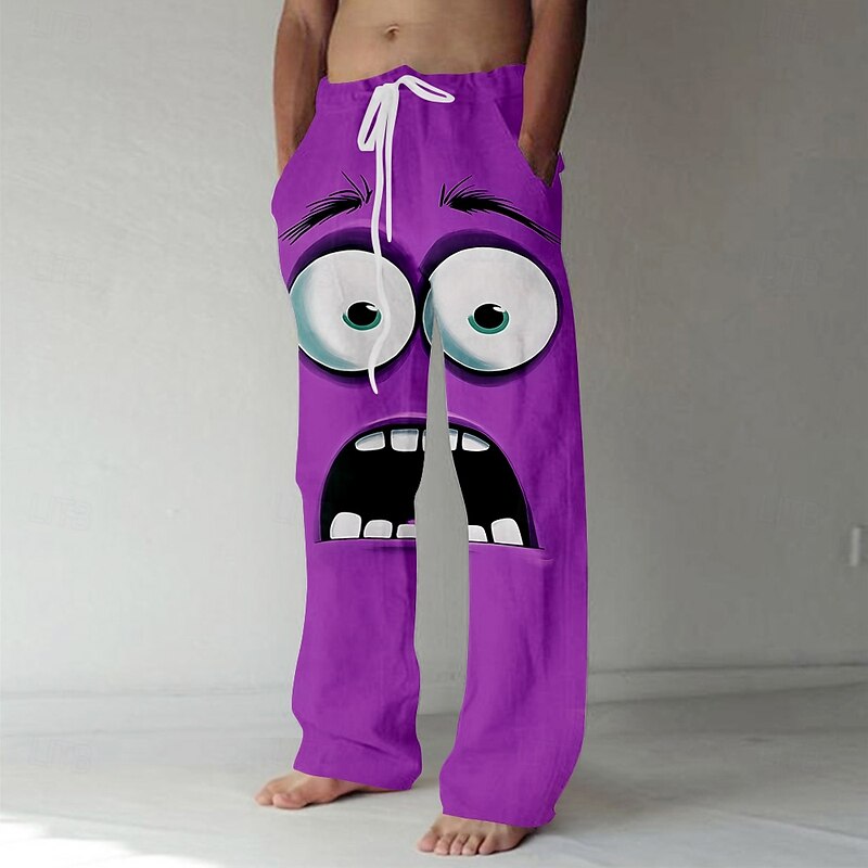 Men's 3D Cartoon Smile Face Trousers Baggy Pants Casual Pants Mid Waist Funny Outdoor Vacation Elastic Drawstring Waist Linen-Like Pants with Pockets Summer Spring Fall 3D Print Red Blue Purple3