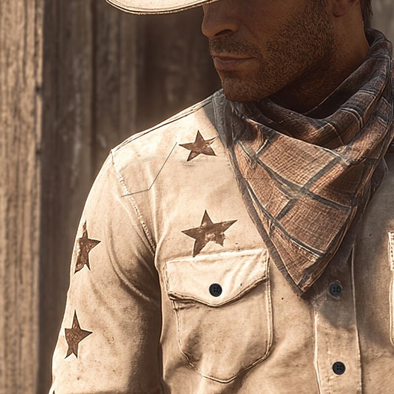 Men's Geometric Stars Shirt Western Shirt Cowboy Shirt Long Sleeve Vintage Retro Outdoor Casual WorkWear Spring Fall Turndown Front Two Pockets Linen Like Shirt Button Up Shirts Blue Green Khaki4