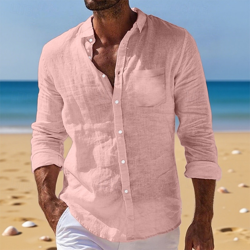 Men's Shirt Linen Shirt Summer Shirt Button Down Shirt Beach Shirt Untucked Shirts Plain Vacation Daily Wear Black White Light Green Pink Long Sleeve Turndown Summer Spring &  Fall Clothing Apparel4