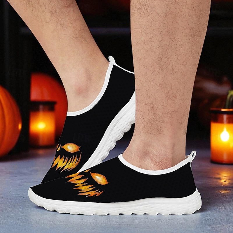 Men's Black Mesh Slip-On Sneakers with Pumpkin Face Print – Casual Halloween Themed Lightweight Shoes for Party, Streetwear and Daily Wear4