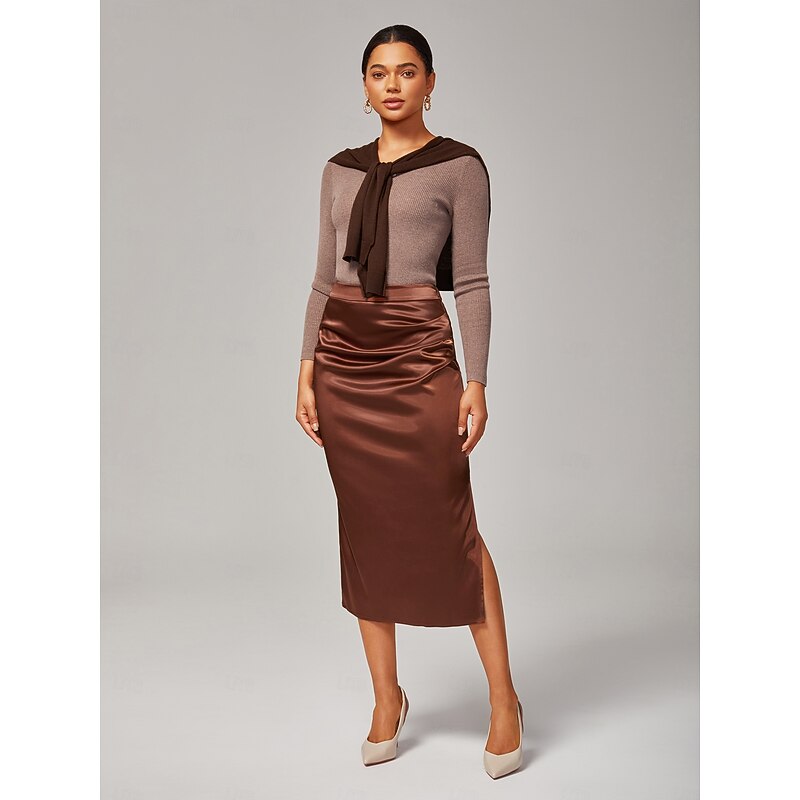 Women's Stretch Pearlescent Satin Elastic Waist Midi Skirt Elegant Office & Party Wear2