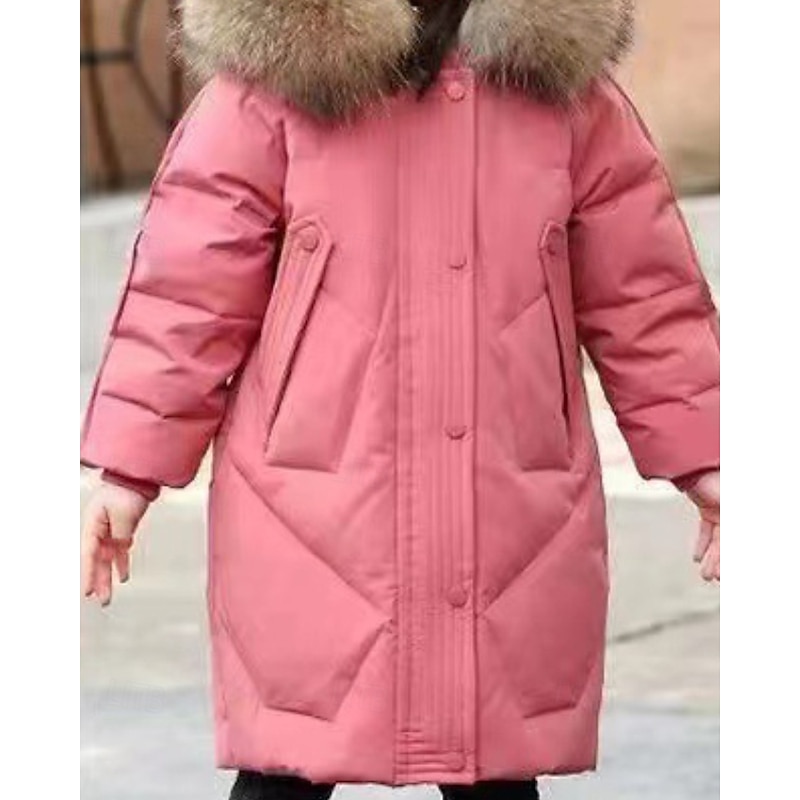 Kids Girls' Down Coat Solid Color Fashion Fur Trim Zipper Pocket School Coat Outerwear 4-12 Years Winter Black Pink Red