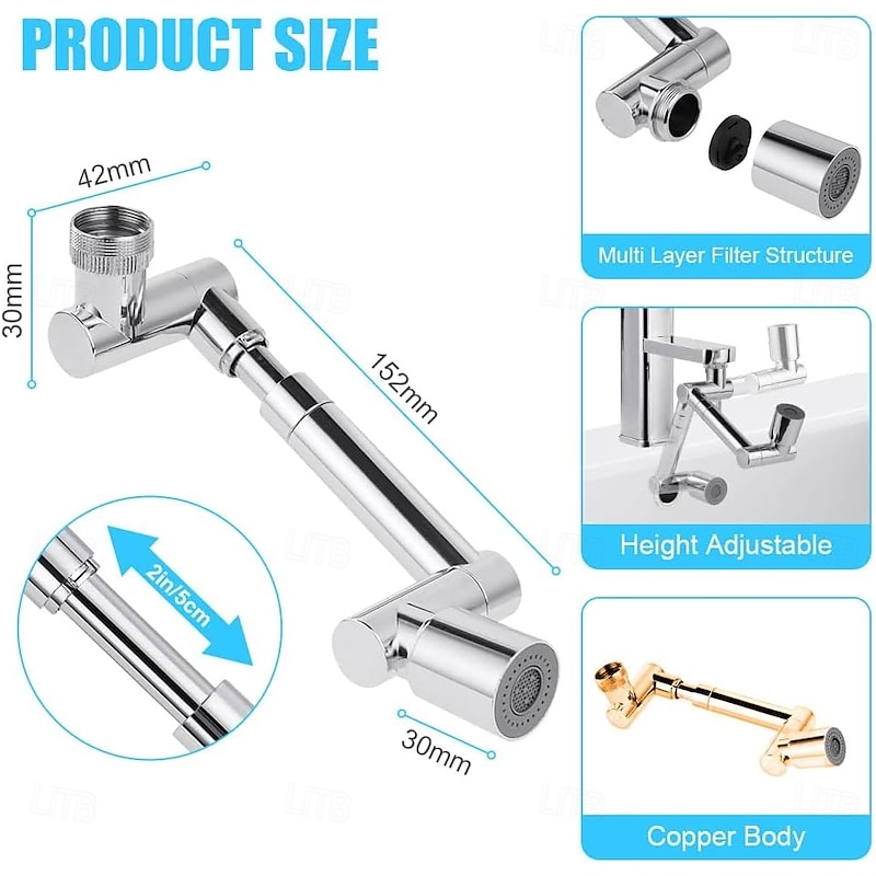 1440° Rotatable Faucet Aerator Extension, Solid Brass, 2 Spray Modes, Splash-Proof Swivel Water Tap Connector for Bathroom Sink3