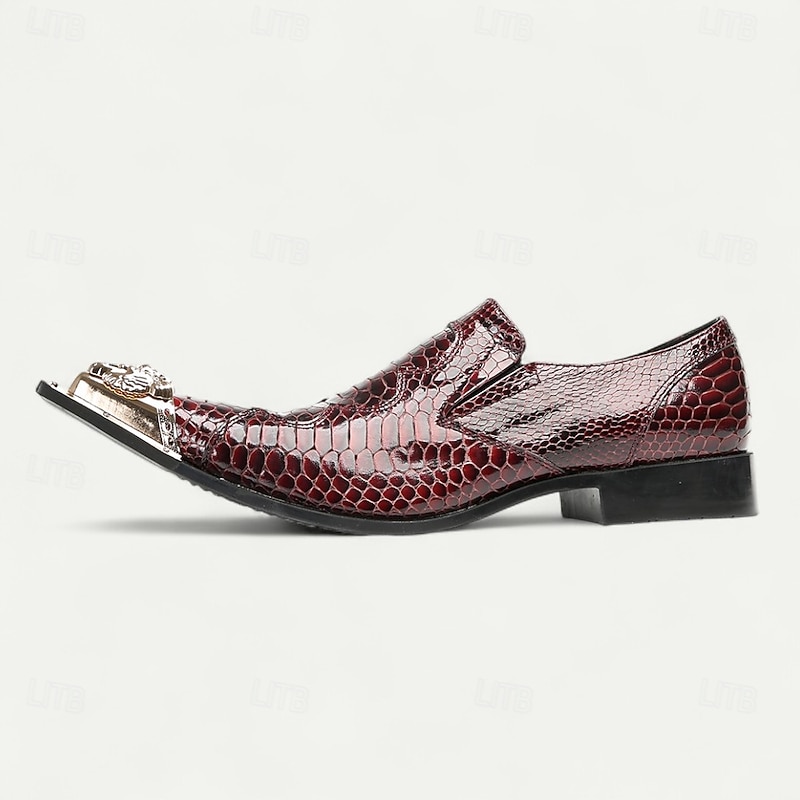 Men's Burgundy Crocodile Pattern Leather Dress Shoes with Metal Pointed Toe, Elegant Slip-On Loafers for Banquets, Business Events and Special Occasions3