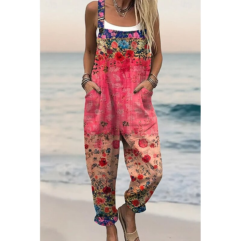 Women's Dungarees Active Floral Sleeveless Sleeveless Straight Square Neck Pocket with Pocket Vacation Daily Loose Fit Pink Red Green Summer3