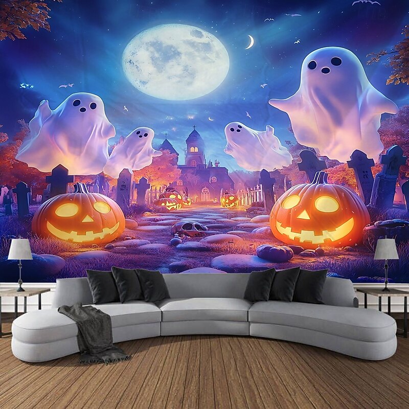 Halloween Photo Backdrop Tapestry, Ghost and Pumpkin Pattern Wall Hanging, Large Decorative Mural for Bedroom, Living Room, Party, and Home Decoration
