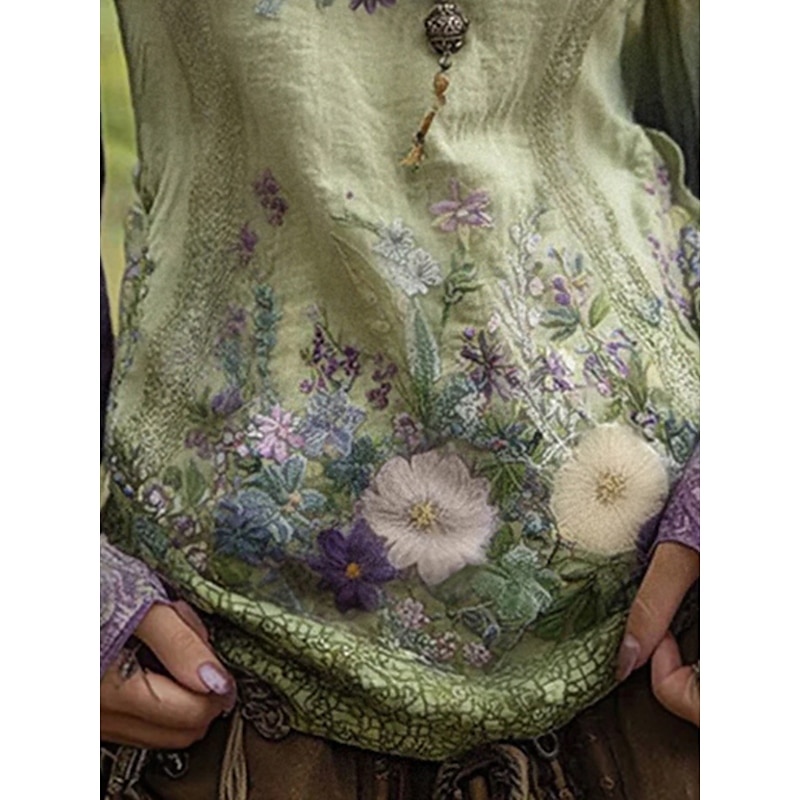 Women's Blouse Graphic Vintage Daily Casual Long Sleeve V Neck Regular Tops Tribal Vintage Designer Basic Print Vacation Street Going out Daily Holiday Print Green Summer Spring Fall3