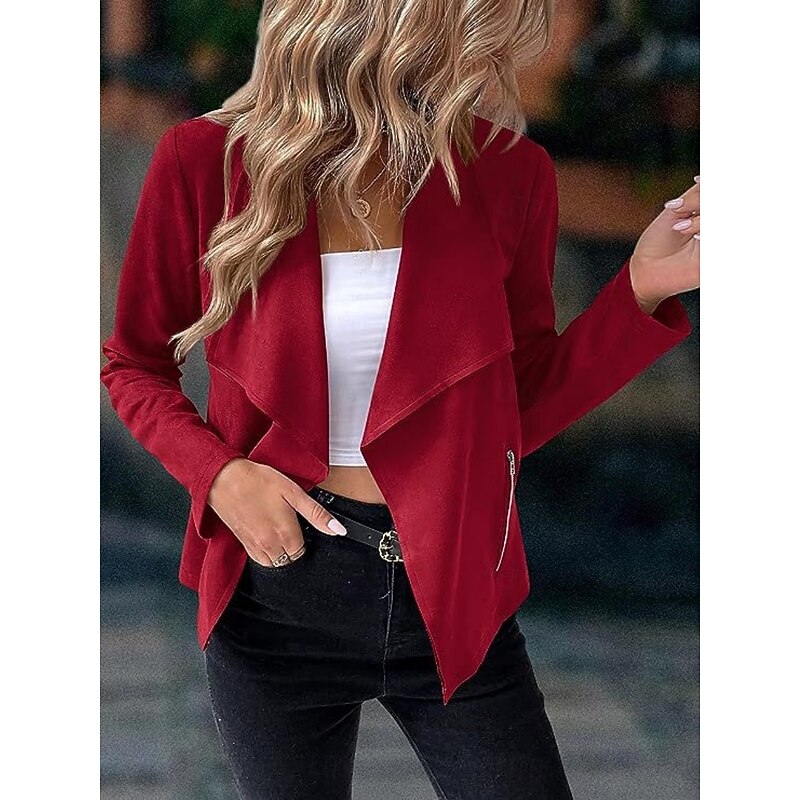Women's Casual Jacket Comfortable Breathable Pocket Fashion Casual Plain Vacation Street Casual Daily Wear Open Front Short Turndown Regular Fit Long Sleeve Outerwear Navy Black Red Spring Fall4