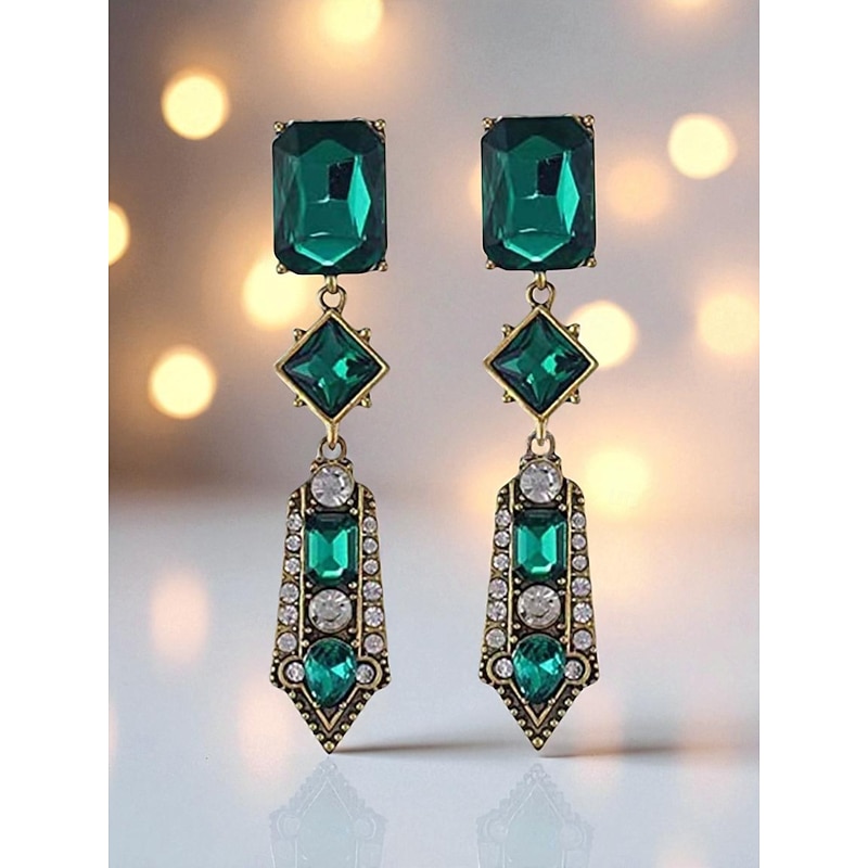 Women's Art Deco Green Crystal Drop Earrings - 1920s Vintage Statement Jewelry for Gatsby Parties and Retro Evening Events3