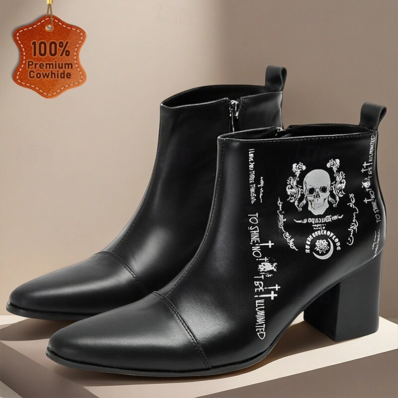 Men's Black Genuine Leather Ankle Boots with Skull Print – Gothic Punk Style Casual Streetwear & Concert Footwear