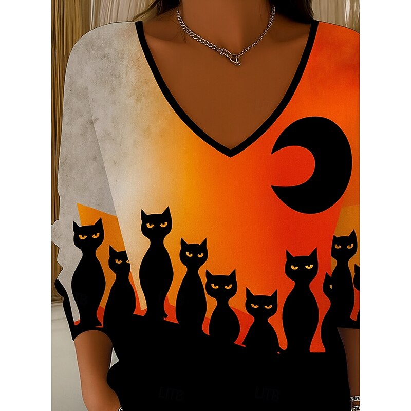 Halloween Women's Blouse Cat Vintage Stylish Classic Long Sleeve V Neck Regular Tops Daily Weekend Print Orange Fall Winter2