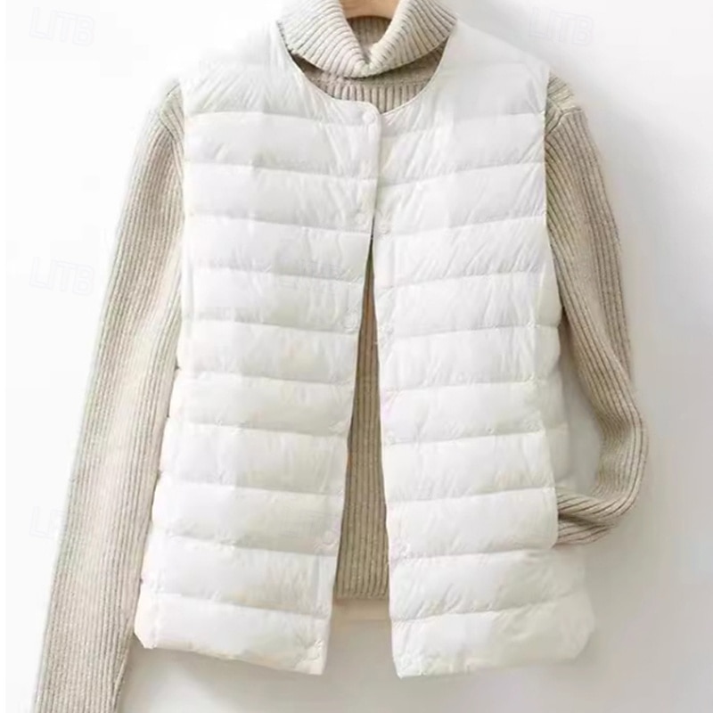 Women's Vest Warm Comfortable Buttons Casual Plain Vacation Weekend Single Breasted Regular Crewneck Regular Fit Sleeveless Outerwear Black White Sky Blue Fall Winter