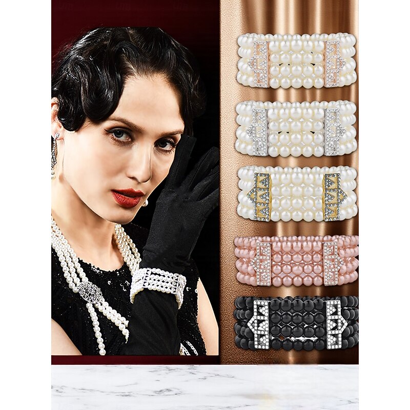 Women's Multi-Row Pearl Beaded Bracelet with Crystal Accents, Vintage 1920s Gatsby Style Jewelry for Cocktail Parties