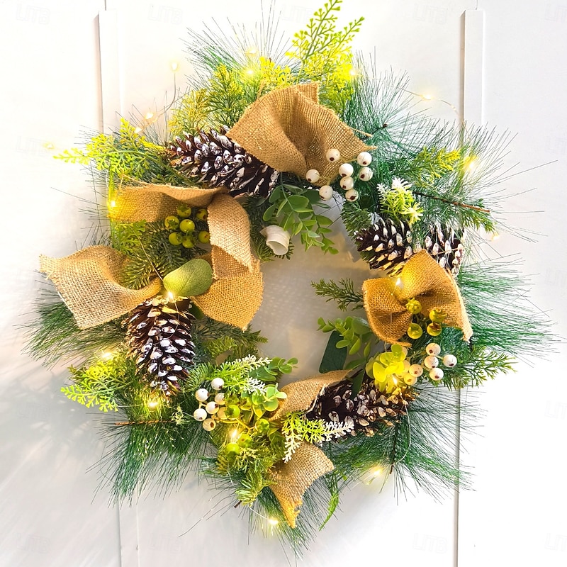 Christmas Light Up Pinecone and Twig Wreath Window Decoration Festive Holiday Party Realistic Pine Needle Rattan Door Hanging Perfect Seasonal Home Ornament2