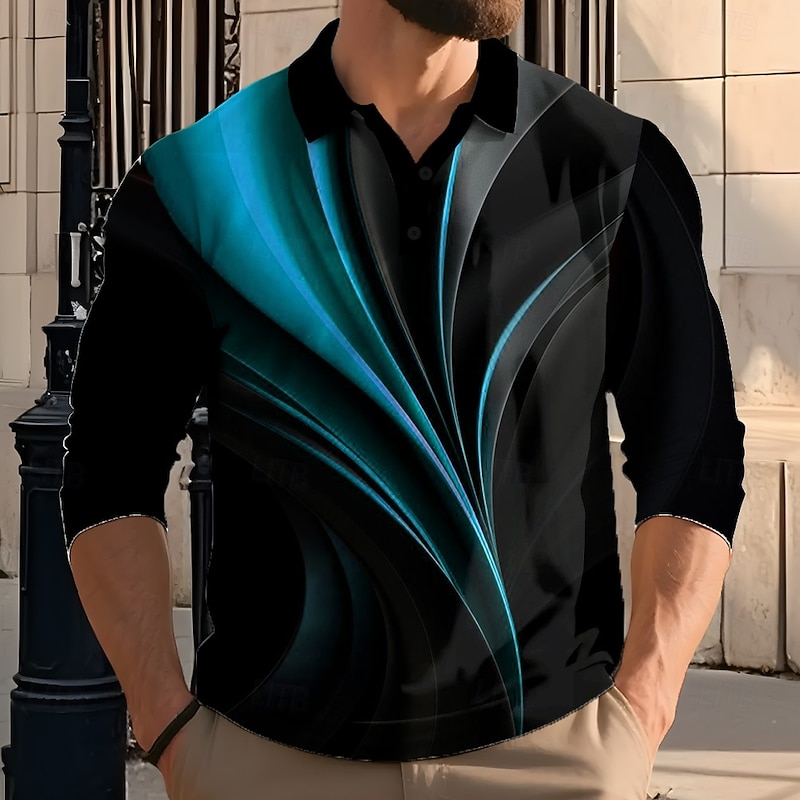 Men's Geometic Line Polo Long Sleeve Polo Shirts Lapel Casual Athleisure Daily Wear 3D Print Buttons Spring Fall Winter Red Blue Green3