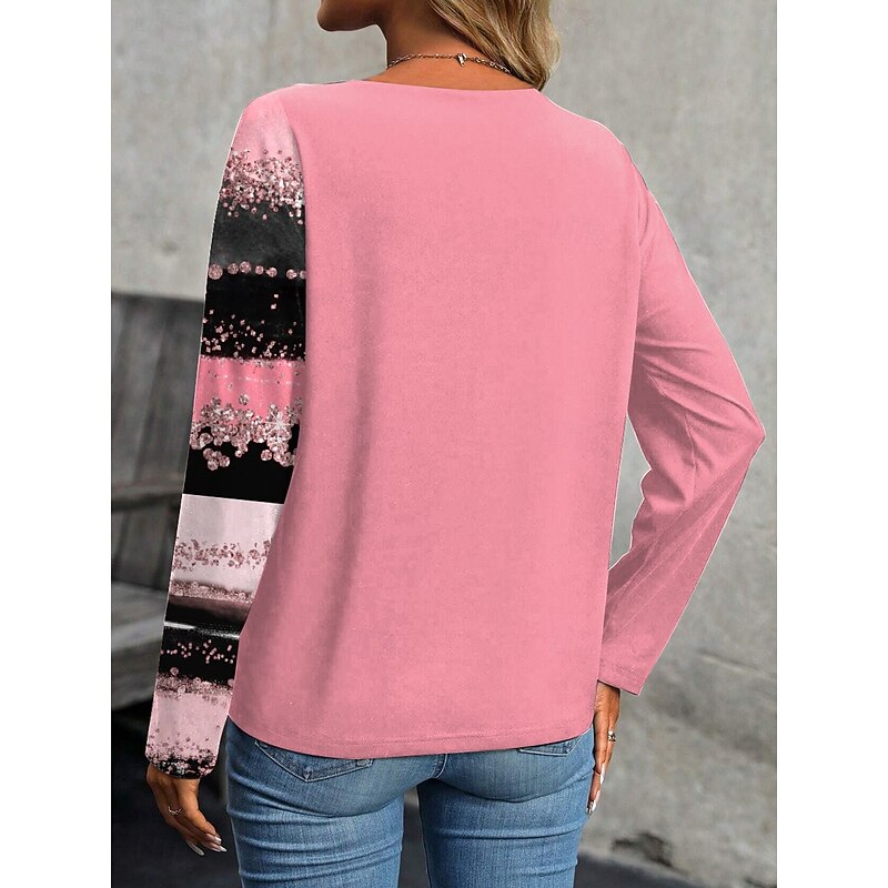 Women's T Shirt Graphic Geometric Stylish Casual Long Sleeve Crew Neck Regular Tops Daily Patchwork Print Yellow Pink Blue Purple Green Summer Fall Winter2
