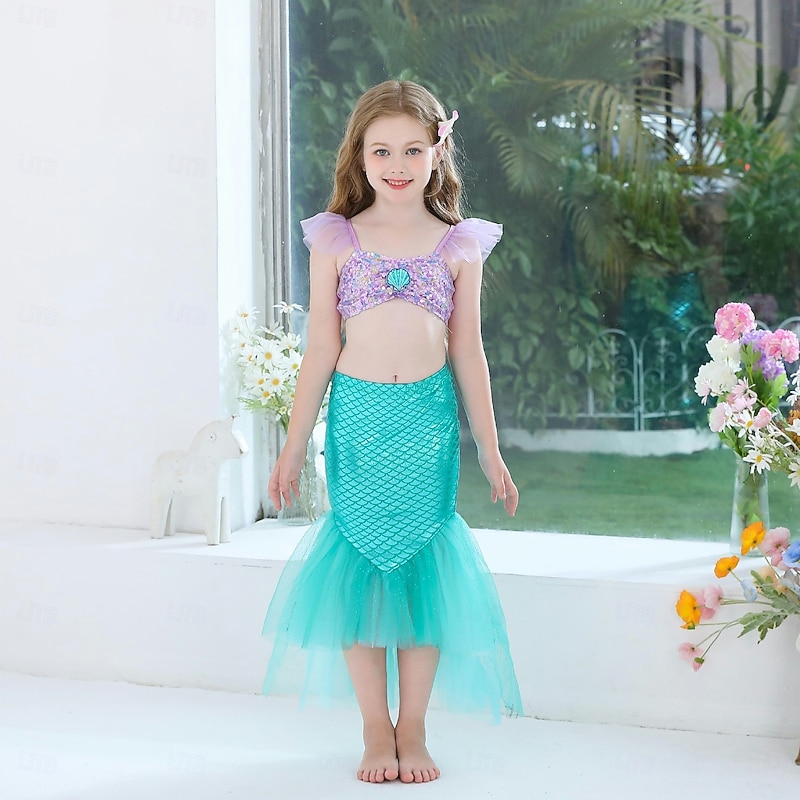 Girls' Dress Mermaid Sleeveless Performance Halloween Dress Cosplay Costume Cute Polyester Summer 4-7 Years Multicolor Blue Purple Performance Party Halloween Easy Halloween Costumes Dress Up4