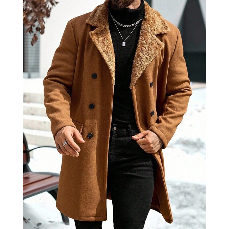Men's Fleece Jacket Peacoat Trench Coat Vacation Daily Fall Winter Polyester Thermal Warm Outerwear Clothing Apparel Fashion Classic Plain Pocket Lapel Double Breasted