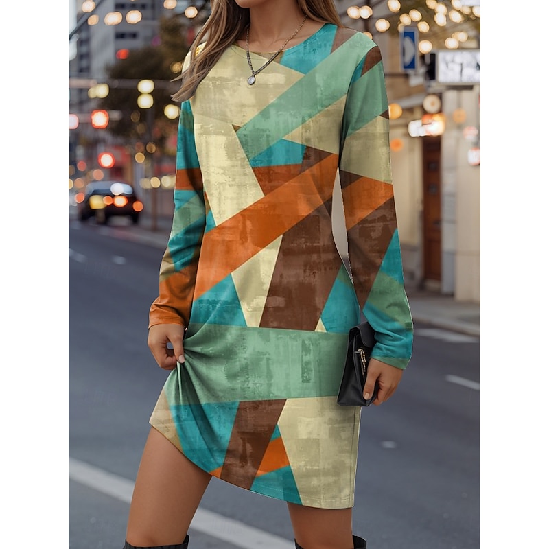 Women's Mini Dress T Shirt Dress Tee Dress Shift Dress Casual Daily Regular Fit Graphic Geometric Long Sleeve Crew Neck Yellow Red Royal Blue Blue Spring Fall Winter