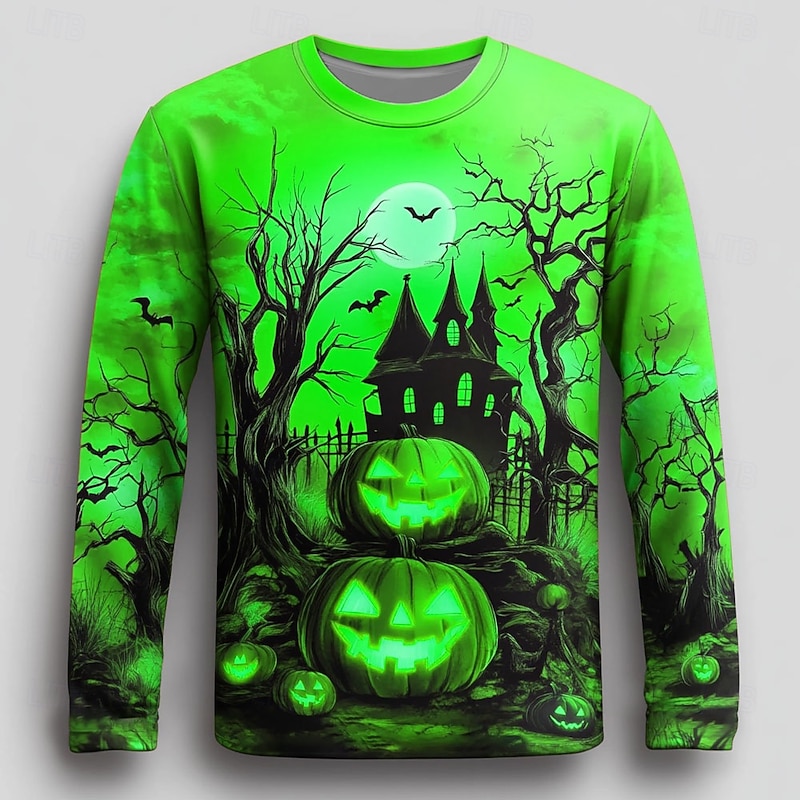Halloween Men's Pumpkin T Shirt Long Sleeve T shirt 3D Print Crew Neck Shirt Fashion Exaggerated Street Casual Daily Blue Purple Orange Summer Spring Fall Clothing Apparel S M L XL XXL XXXL2