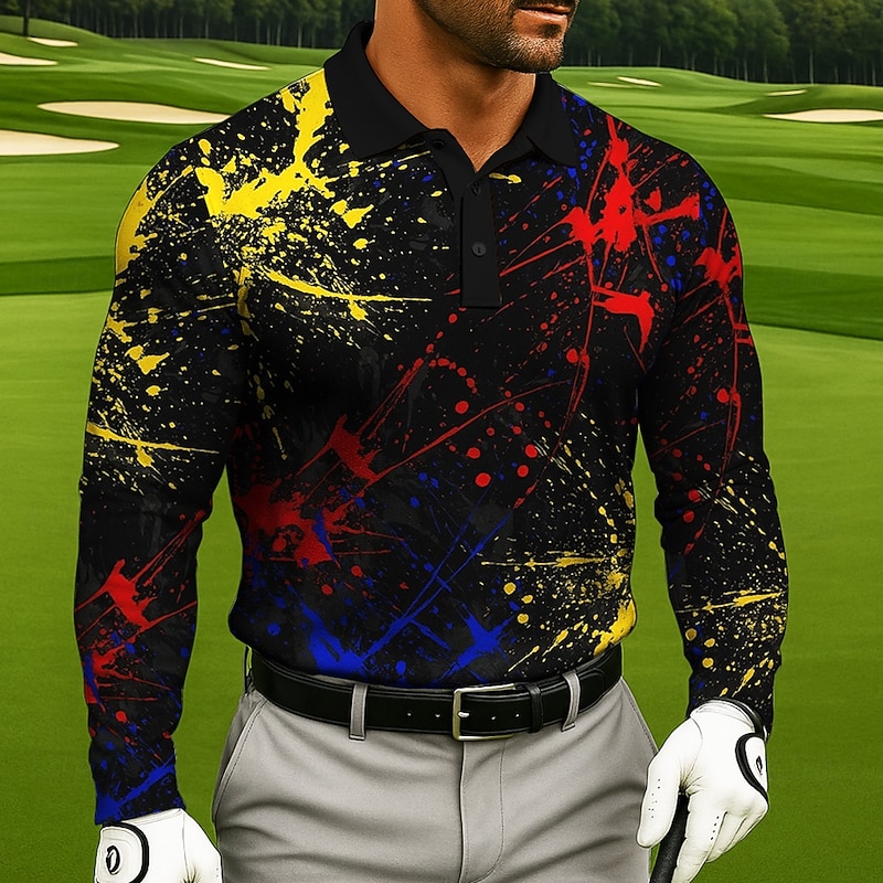 Men's Golf Splash Ink Polo Long Sleeve Polo Shirts Lapel Sportswear Casual Athleisure Daily Wear 3D Print Buttons Spring Fall Winter Black White