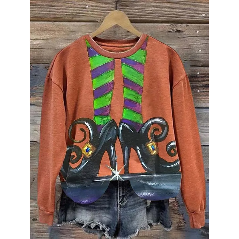 Halloween Women's Pullover Sweatshirt Witch Graphic Fashion Casual Long Sleeve Crew Neck Regular Tops Street Dailywear Casual Print Blue Purple Orange Green Fall Winter