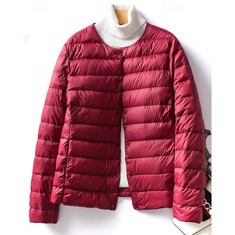 Women's Down Jacket Puffer Jacket Comfortable Buttons Casual Plain Going out Weekend Single Breasted Regular Crewneck Regular Fit Long Sleeve Outerwear White Pink Wine Fall Winter2