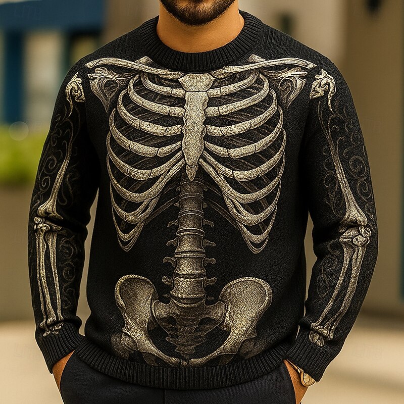 Halloween Men's Skeleton Pullover Sweater Jumper Knitwear Crewneck Casual Dark Street Daily Festival 3D Print Knitting Keep Warm Long Sleeve Spring Fall Winter Black Gray